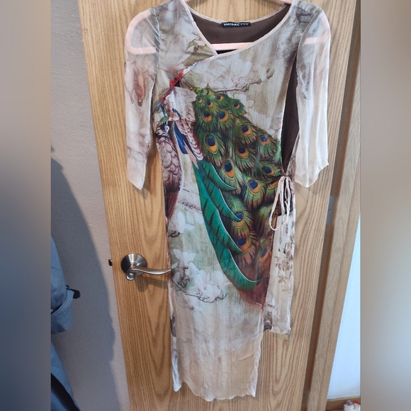 Asymmetrical Blouse with Peacock Design 100% Silk - Picture 1 of 6